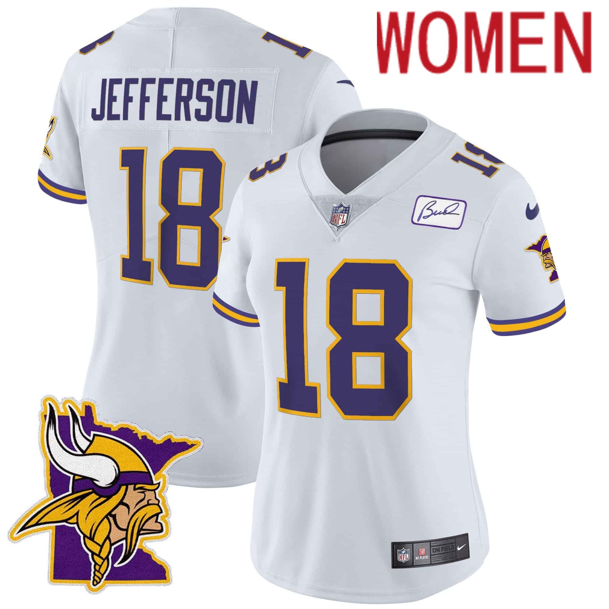 Women Minnesota Vikings #18 Jefferson White 2024 Nike Patch Classic Limited NFL Jersey->customized nfl jersey->Custom Jersey